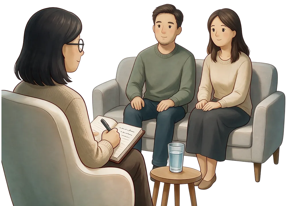 Ilustração de uma sessão com um casal sentado no sofá em frente à psicóloga