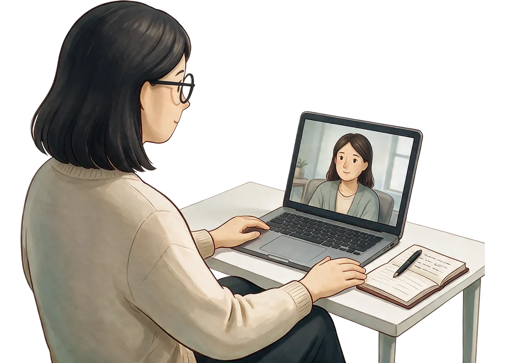 Ilustração de um atendimento online: a psicóloga à frente do computador, com a paciente na tela